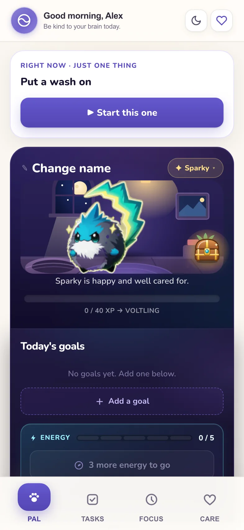 MyADHDpal Today screen with pet and daily goals